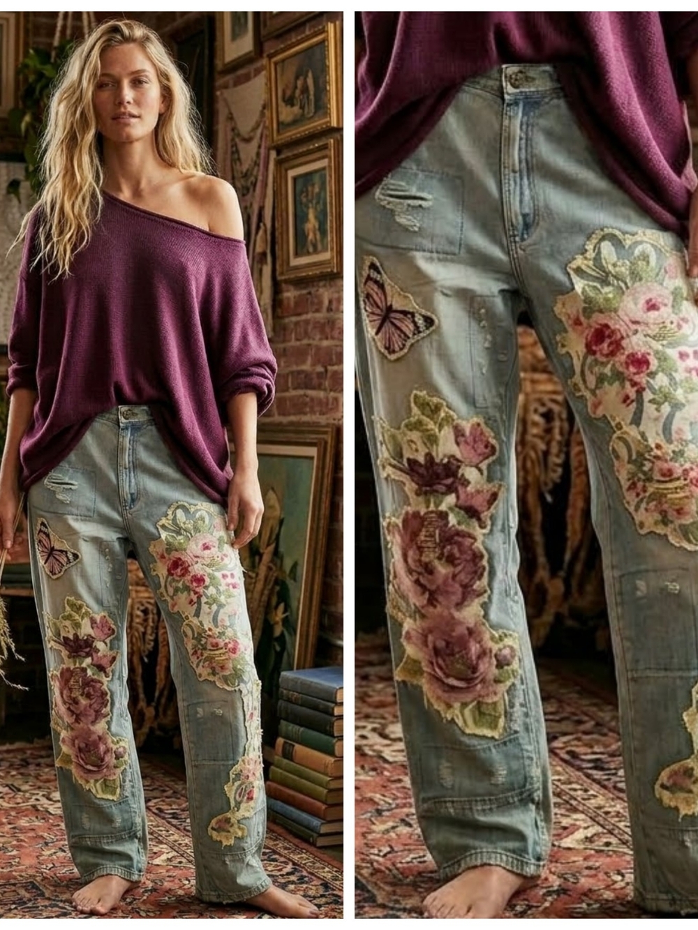 Jaded Gypsy Applique Floral Boyfriend Jeans in Light Blue